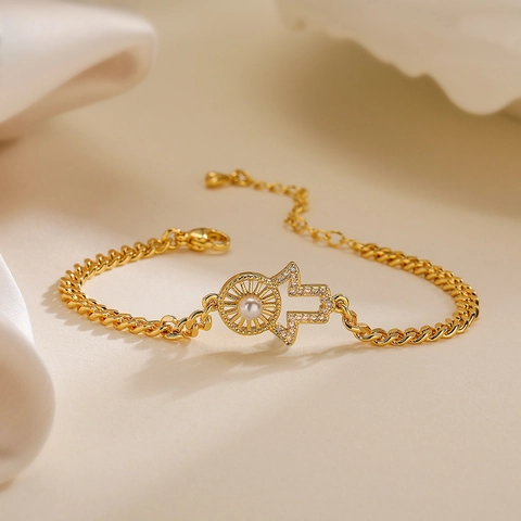 Evil Eye Herz Sonne Hamsa Hand Armband Kupfer Vergoldet Zirkon Künstliche Perle Kuba Kette Modeschmuck Damen