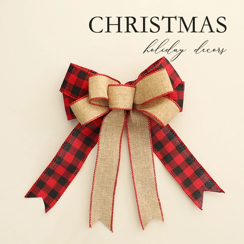 Christmas Decorative Bows Burlap Buffalo Plaid Fabric Large Bowknots Tree Ornaments Holiday Wreath Decorations