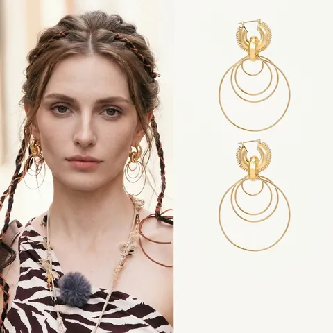 Pendientes De Aro Redondos Multicapa De Moda De Cobre Chapado En Oro Colgante De Strass Geométrico Para Mujer