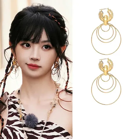 Orecchini A Cerchio Tondi Multistrato Alla Moda In Rame Placcato Oro Pendente Geometrico Con Strass Per Donna