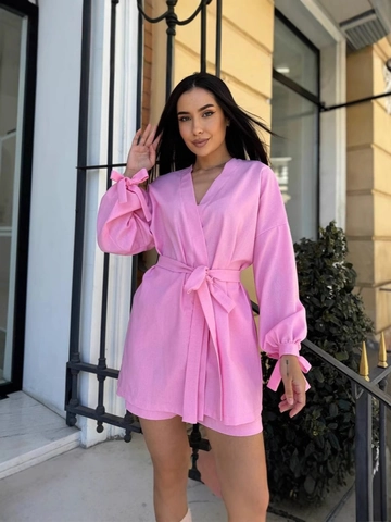 Vêtement Femme Coton Lin Haut Manches Longues À Nouer Et Short Taille Haute Mode Décontractée Manches Lanterne