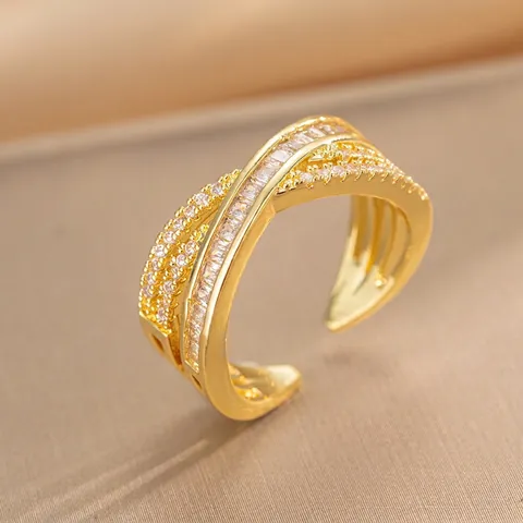 Women Titanium Steel Ring Double Layer Micro Inlaid Rhinestone Open Adjustable Finger Ring Minimalist Geometric Jewelry