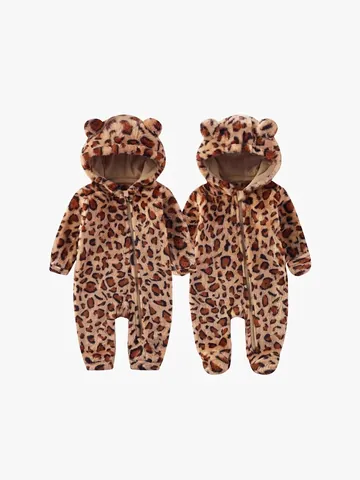 Baby Romper Jumpsuit Plush Fleece Hooded Ear Zipper Long Sleeve Leopard Print Winter Warm Newborn Infants