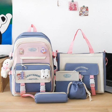 Nylon Large Capacity Backpack Tote Bag Crossbody Bag Pencil Case Color Block Preppy Style School Bags For Teen Girls Cute Charm