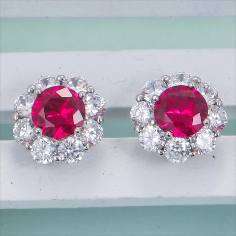 Red Gemstone Round Zircon Halo Necklace Stud Earrings And Ring Copper Silver Plated Jewelry For Women Elegant Sweet Style