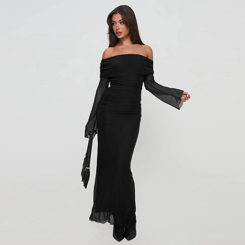 Off Shoulder Ruched Mesh Maxi Dress Long Sleeve Slim Fit Elegant Bodycon Sexy Party Evening Clubwear For Women