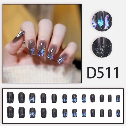 Press On Nails Elegant Gradient Aurora Shimmer Rhinestone Artificial Nails Square Round Shape Detachable Shiny For Women