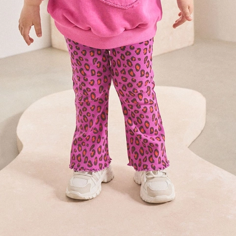 Girls Leopard Print Flared Leggings Cotton Ribbed Knit Bell Bottoms Elastic Waist Casual Trousers