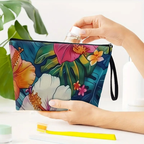 Borsa Per Trucco In Lino Floreale Organizzatore Da Viaggio Con Cerniera E Cinturino Da Polso Motivo Tropicale