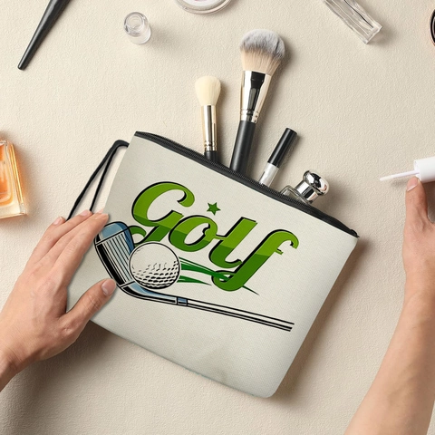 Borsa Per Trucchi Con Stampa Golf Finto Lino Portatile Pochette Per Cosmetici Con Cerniera E Cinturino Da Polso Stile Sportivo