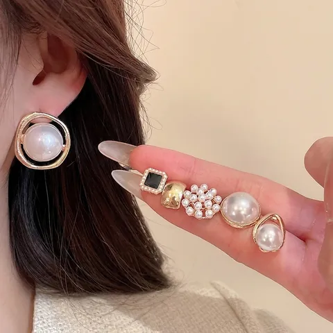Faux Artificial Pearl Stud Earrings And Hair Clips With Silver Earring Post French Luxury Retro Geometric Jewelry For Women