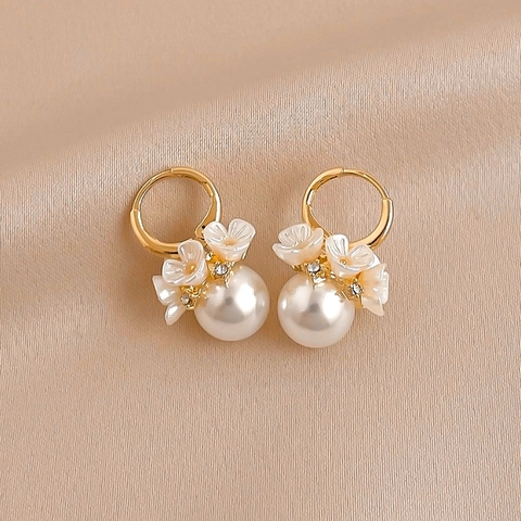 Orecchini A Goccia Fiore Perla Artificial Lega Strass Petali Resina Tono Oro Gioielli Floreali Per Donne Perno In Acciaio
