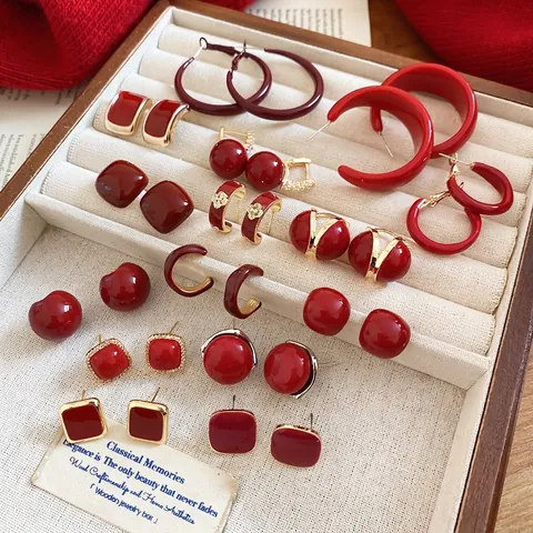 Red Enamel Alloy Stud Earrings With 925 Sterling Silver Earring Post Retro Festive Geometric Zircon Jewelry For Women