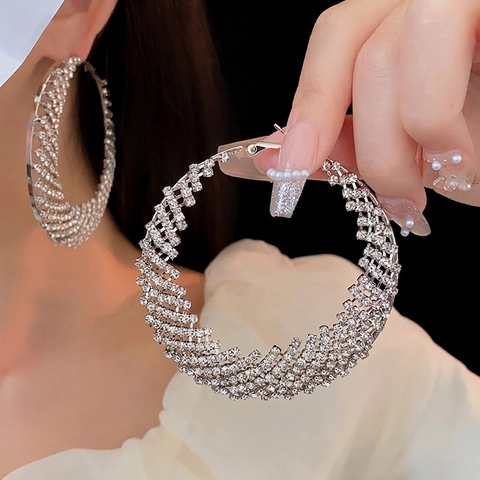 Funkelnde Strass Besetzte Creolen Mit Silbernen Ohrsteckern Legierung Netz Gitter Mode Chic Luxus Für Damen