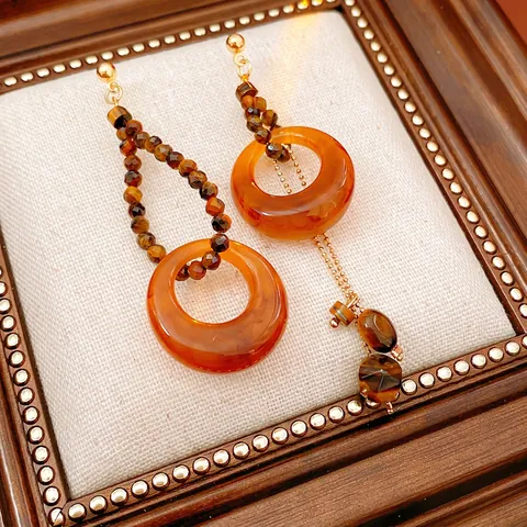 Retro Tiger's Eye And Resin Asymmetrical Drop Earrings With Silver Earring Post For Women