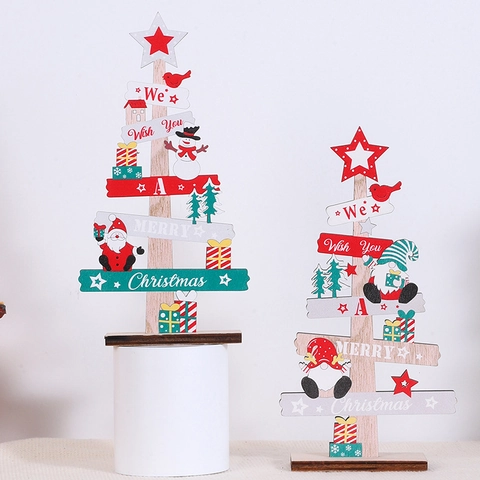 Wooden Christmas Desktop Ornament Merry Christmas Letter Sign Tree Shape Gnome Santa Snowman Holiday Table Decoration