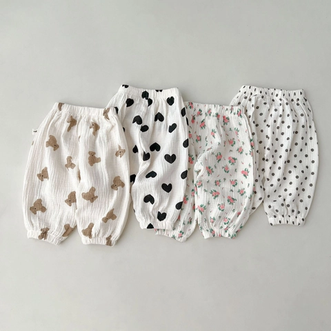 Infant Baby Cotton Pants Summer Breathable Cute Cartoon Floral Bear Print Casual Loose Long Pants Kids Bottoms