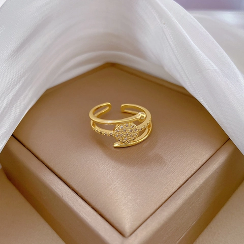Mehrlagiger Offener Ring Gold Vergoldetes Messing Zirkonia Kreisförmiger Mikropavé Verstellbarer Schmuck Für Frauen