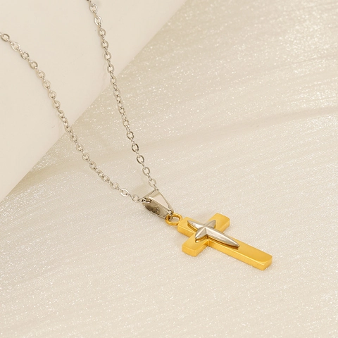 Kreuz Anhänger Halskette Zweifarbig 18K Vergoldet Edelstahl Doppelschichtig Hip Hop Mode Schmuck Für Herren Damen