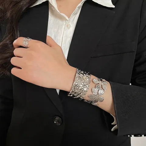 Hollow Flower Cuff Bracelet And Ring Silver Color Metal Hammered Textured Irregular Adjustable Open Bangle Women Jewelry