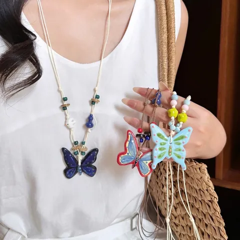 Collier Pendentif Papillon Cœur Perles Céramique Corde Tressée Ethnique Vintage Longue Chaîne De Pull Pour Bijoux Femmes