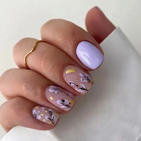 Uñas Postizas Presionables Cortas Cuadradas Redondas Lavanda Púrpura Patrón Floral Pan De Oro Elegante Dulce Fresco Dedos