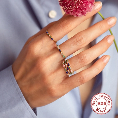 Geometrischer Ring Aus 925 Sterling Silber Mit Bunten Zirkonia Fünf Steine Gold Vergoldet Eleganter Schmuck Für Damen