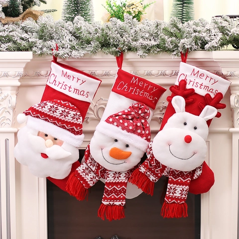 Christmas Stockings Knitted Plush Cartoon Santa Snowman Reindeer Hanging Decor Holiday Gift Bags Fireplace Ornament