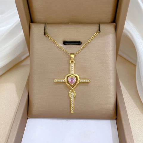 Collana Croce Dorata Donna Ciondolo Rame Cuore Rosa Zircone Catena Acciaio Inossidabile