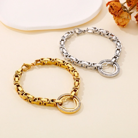 Hollow Heart Pendant Bracelet Stainless Steel Byzantine Box Link Chain With Rhinestones Gold Plated Jewelry For Women