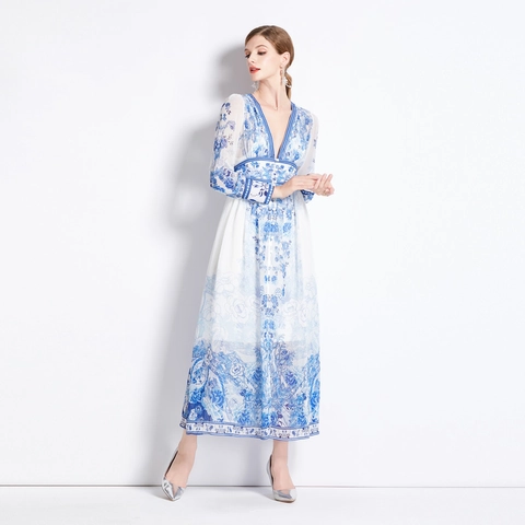 Abito Maxi Elegante Da Donna Con Stampa In Porcellana Blu E Bianca Chiffon Scollo A V Manica Lunga Stile Vacanza