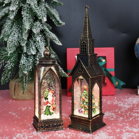 Lanterne De Noël Rétro Église Veilleuse LED Plastique Bronze Globe À Neige Père Noël Décoration De Bureau