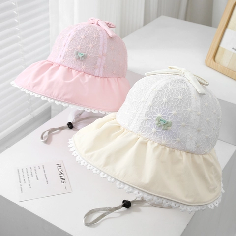 Kids Lace Sun Hat Wide Brim Girls Bucket Hat Summer Breathable Outdoor Travel Sweet Bow Princess Adjustable Windproof Strap