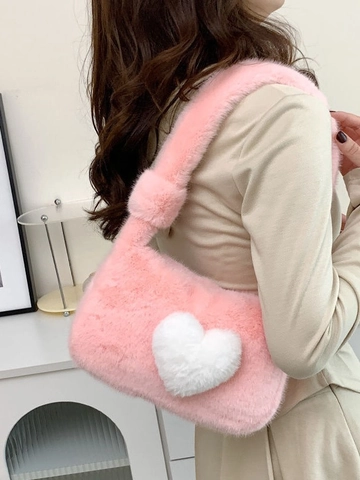 Women Plush Underarm Bag Faux Fur Heart Pattern Shoulder Handbag Fall Winter Sweet Aesthetic Baguette Bag For Girls