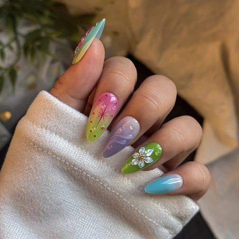 Uñas Postizas Almond Press On Resina Flores Blancas Relieve 3D Degradado Caramelo Francés Dulce Elegante Para Mujeres