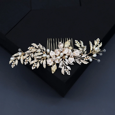 Pettine Per Capelli Da Sposa Fatto A Mano Design Fiore Foglia Lega Strass Perla Artificial Imitazione Accessorio Matrimonio Donna