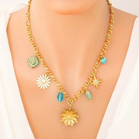 Collar Multicapa De Acero Inoxidable Con Colgante De Estrella De Mar Concha Margarita Y Cuentas Azules Estilo Océano Mujer