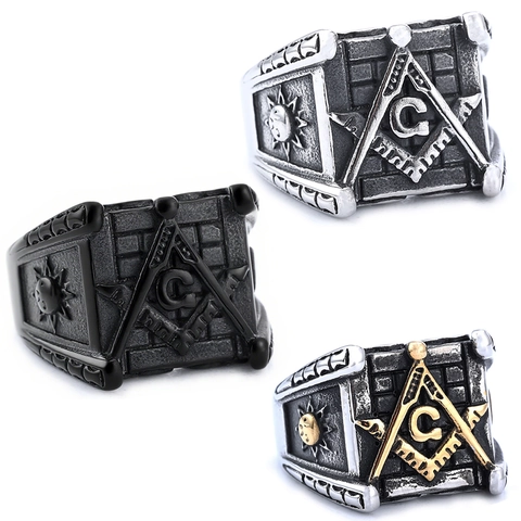 Anello Massonico Da Uomo Vintage Acciaio Inossidabile Sigillo Retro Punk Gotico Luna Sole Bussola Squadra Simbolo Gioielli
