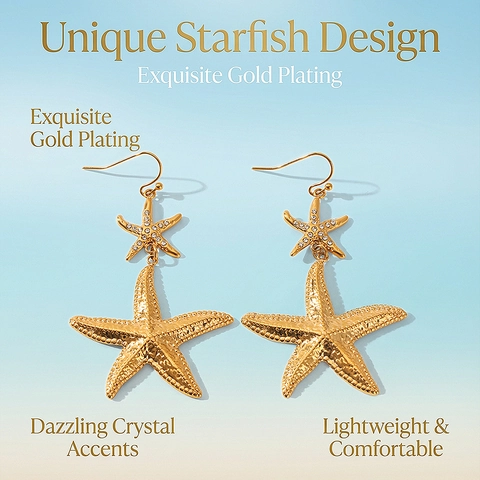 Starfish Drop Earrings 18K Gold Plated Stainless Steel With Rhinestone Summer Beach Vacation Jewelry For Women