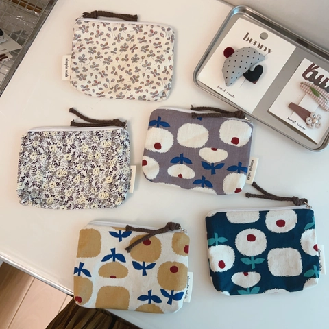 Floral Print Cotton Linen Coin Purse Mini Zipper Storage Pouch For Cards And Small Items Retro Style Women
