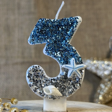 Number Birthday Candle Ocean Theme Blue Silver Gradient Glitter Starfish Shell Cake Topper Decoration