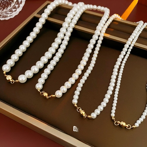 Vintage Glass Artificial Pearl Necklace With Gold Plated Alloy Magnetic Buckle Elegant Minimalist Choker For Women Luxury Jewelry