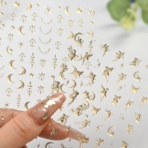 Autocollants À Ongles Métalliques Auto-Adhésifs Étoile Lune Ange Fée Or Champagne Argent Décoration De Manucure Pour Femmes