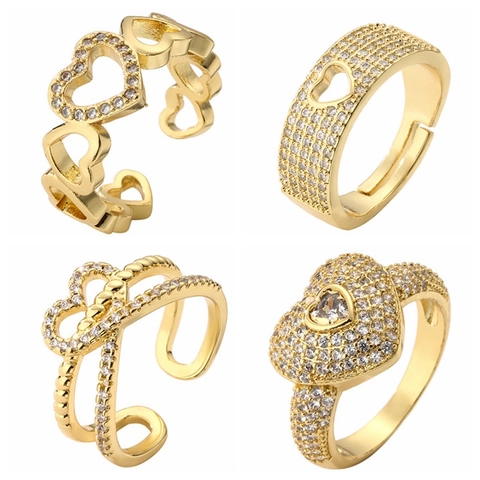 Fashion Copper Gold Plated Zirconia Heart Open Ring Adjustable Geometric Jewelry Ring For Women Elegant Commute Accessory