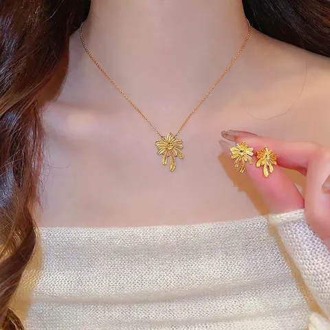Gioielli Collana E Orecchini In Rame Placcato Oro Con Foglia Di Palma E Perno In Argento Per Donna Retro