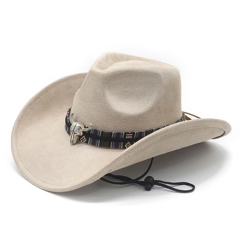 Western Cowboy Hat Suede Felt Bull Head Skull Ethnic Woven Band Retro Vintage Jazz Fedora For Men Women Adjustable
