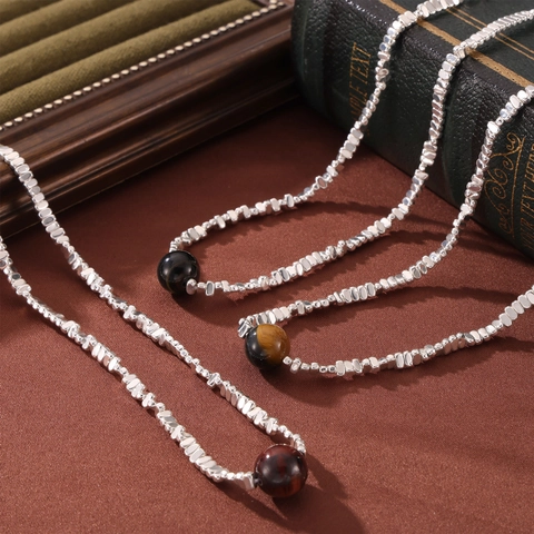 Stainless Steel Tiger Eye Necklace Irregular Square Block Geometric Maillard Style Commuter Fashion Women Jewelry Pendant