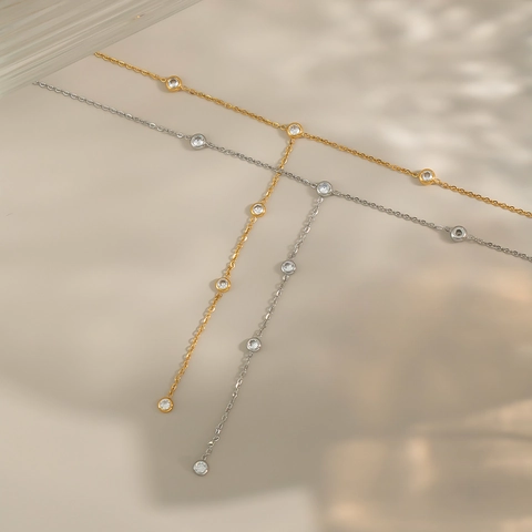 Minimalist Y-Shaped Lariat Necklace Stainless Steel Waterproof Hypoallergenic Round Zircon Drop Elegant Jewelry For Women