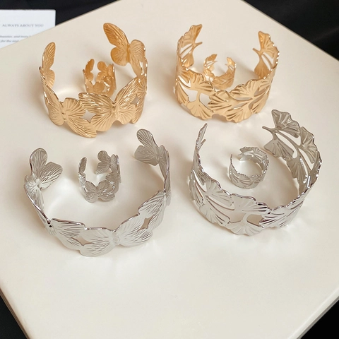 Set di Anelli e Bracciali a Polsino Aperto in Metallo Stile Europeo Americano Farfalla Foglia di Ginkgo Gioielli Regolabili da Donna