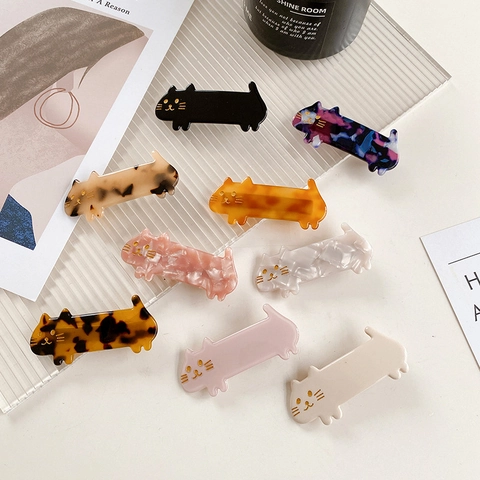 Cute Cat Shape Hair Clip Acetate Duckbill Side Pin Tortoise Shell Marble Pattern Korean Style Fashion Accessory For Women